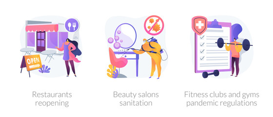 Pandemic business adaptation abstract concept vector illustration set. Restaurants reopening, beauty salons sanitation, fitness clubs and gyms pandemic regulations, distancing abstract metaphor.
