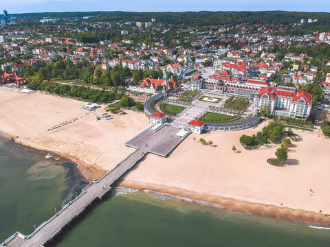 Aerial view of beach and pier in Sopot, Poland