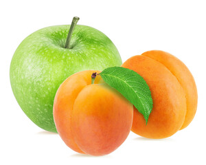 Apricots with green apple isolated on white background with clipping path