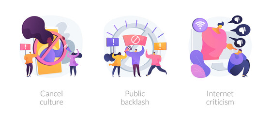 Social media behavior abstract concept vector illustration set. Cancel culture, public backlash, Internet criticism, group shaming, boycott, hate speech, bias and discrimination abstract metaphor.