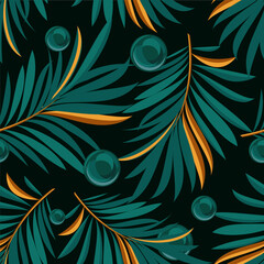 Palm leaves. Tropical seamless background pattern. Graphic design with amazing palm trees suitable for fabrics, packaging, covers