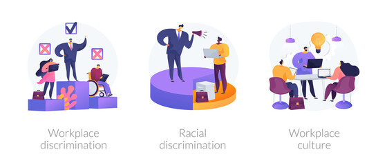 Fototapeta premium Workplace culture abstract concept vector illustration set. Workplace and racial discrimination, equal employment opportunity, shared values, sexual harassment, prejudice and bias abstract metaphor.