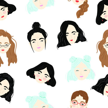 Seamless pattern young ladies with various Hairstyles. Beauty salon concept. Hand drawn trendy vector illustration. Transparent background