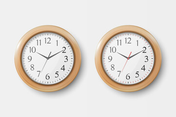 Vector 3d Realistic Simple Round Wooden Wall Office Clock with White Dial Icon Set Closeup Isolated on White Background. Design Template, Mock-up for Branding, Advertise. Front or Top View