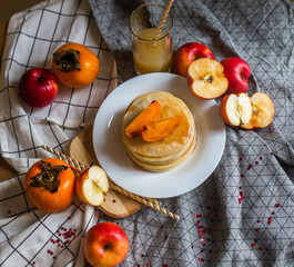 pancakes with honey and fruit juice