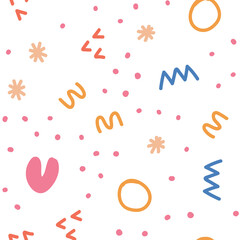 Abstract shapes seamless pattern. Festive background with colorful sprinkles and dots. Vector illustration design.