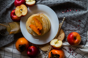 pancakes with honey and fruit juice