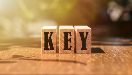 Word KEY written on wooden cubes, sunlight and wooden table in the background