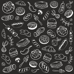 Collection of kitchen elements. Food. Barbecue and grill sketches on Board. Drawn barbecue elements around the text. Grill time. Roast meat grill chicken mushroom steaks burgers. Bbq vector