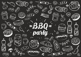Collection of kitchen elements. Food. Barbecue and grill sketches on Board. Drawn barbecue elements around the text. Grill time. Roast meat grill chicken mushroom steaks burgers. Bbq vector