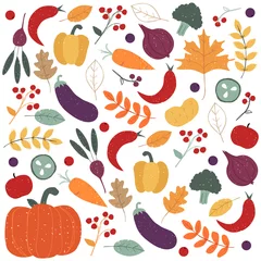 Tuinposter Hand drawn autumn leaves and berries background in doodle style and traditional colors © CreativeUniverse
