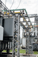 Power transformer at the electrical substation. Power engineering. Industry