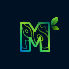 Letter M logo with eco waves pattern.