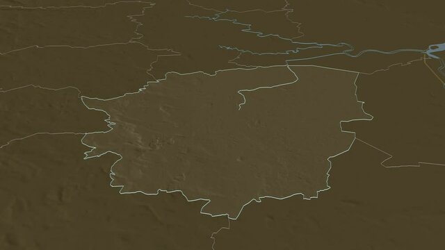 Doncaster, administrative county with its capital, zoomed and extruded on the administrative map of England in the conformal Stereographic projection. Animation 3D