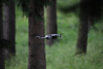 drone in the flying in the woods
