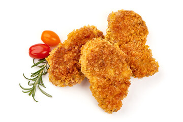 Crispy chicken fillet in breadcrumbs, isolated on white background
