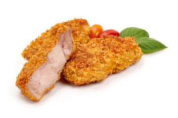 Breaded chicken fillet, isolated on white background