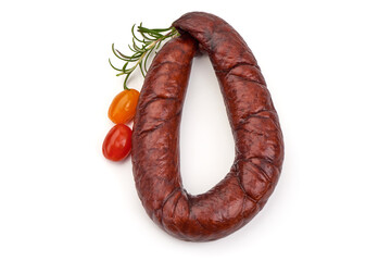 Smoked pork sausage, isolated on white background