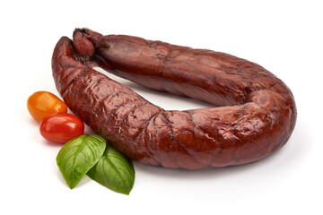Smoked pork sausage, isolated on white background