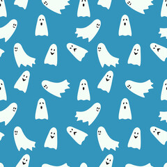 Halloween seamless pattern ghosts on a blue background.
