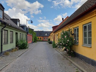A central street in ol town Lund, Sweden on a nice sunny day