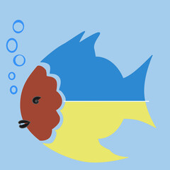 illustration for child drawing training,  image of fish from geometric shapes circle, oval, triangle, straight and curved lines