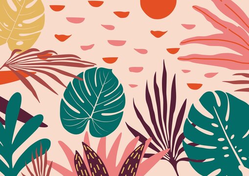 Tropical flowers, palm leaves, jungle leaves, hibiscus. Vector exotic floral illustration, Hawaiian bouquet for greeting card, wedding, Wallpaper. Set of abstract tropical leaves. Monstera © Aleksandra