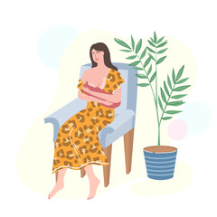 Mother breastfeeding her baby child sitting on cozy chair. Young woman hugging a newborn kid vector illustration. Lactation period concept.