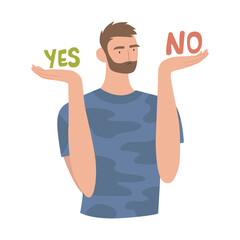 Man weights decisions vector concept. Male making decision between yes and no. Guy makes up his mind, difficult decision, dilemma concept, solution of choice.