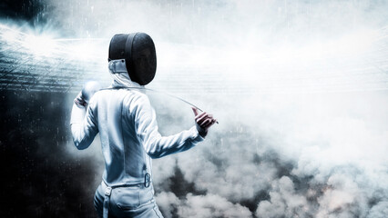 Portrait of a fencer against the backdrop of a sports arena. Smoke and sparks, mystical background....