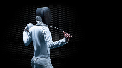 Charming girl dressed as a fencer posing with a mask and a sword. The concept of fencing.