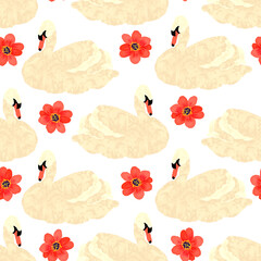 Seamless pattern with swans and flowers for invitations and postcards.