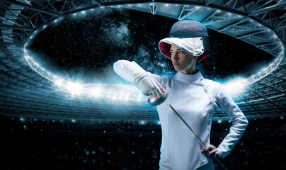 Portrait of a fencer against the backdrop of a sports arena. The concept of fencing.