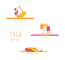 Set of yoga poses. Female characters practice yoga. Yoga concept. yoga poses sign.Seated forward bend, bow and camel pose.Modern flat style vector illustration isolated on white background.16-18 of 30
