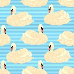 Seamless pattern with swans on a blue striped background