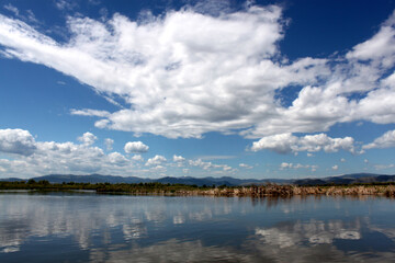 Lake scene in Montana with reflections of dynamic blue skies with clouds