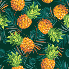 Pineapples are ripe, tropical with palm branches on a black background. Seamless vector pattern.