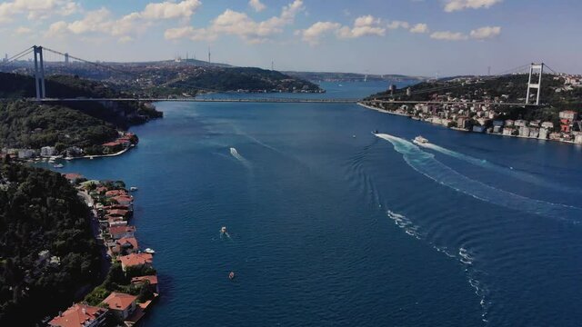 Aerial view of Bosphorus Bridge in Istanbul. Drone footage of city landscape. Between European and Asian Continents 4K shooting video