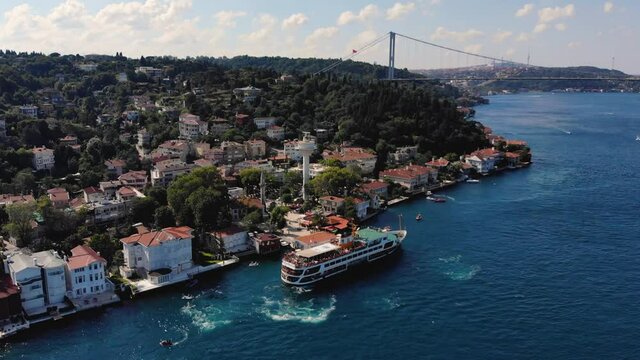 Aerial view of Bosphorus Bridge in Istanbul. Drone footage of city landscape. Between European and Asian Continents 4K shooting video