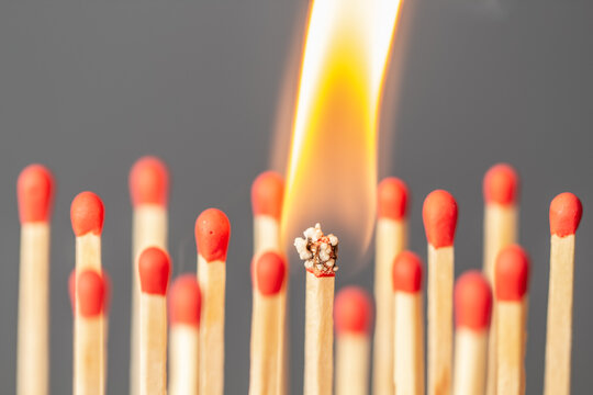 Burning match among many matches as symbol of infected person