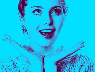 Suprised smiling girl on the urban night background.	
Halftone vector image