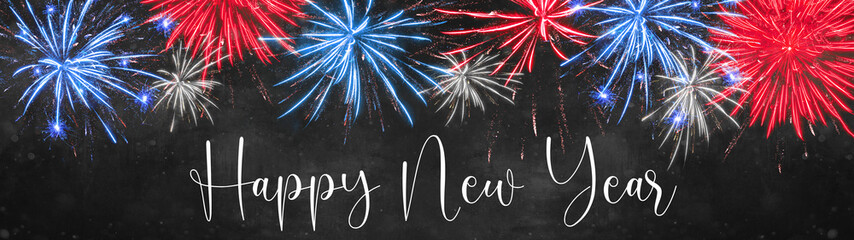 HAPPY NEW YEAR 2021 background panorama - Flag united states of america firework, isolated on dark...