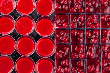 cherry jelly pudding on a catering tray, takeaway