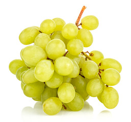 Bunch of green grapes on glossy surface isolated on white background