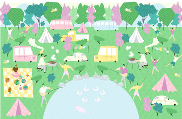 Camp. Vector illustration with a tent camp on the lake, with people, cars, tents for printing, poster, design, banner, postcard, background.