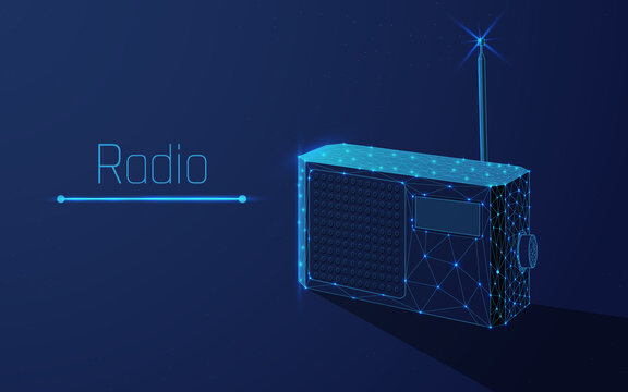 Retro Old radio. Realistic 3d illustration of radio receiver. Vector isolated.Radio translation. Radio antenna. Radio-wave. wireframe,dots,dark-blue background,low poly,plexsus,isolated,eps 10