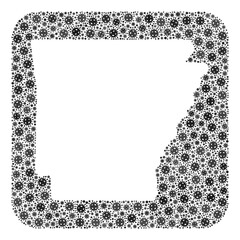 Pandemic virus map of Arkansas State mosaic created with rounded square and hole. Vector map of Arkansas State mosaic of pandemic virus particles in various sizes and grey color tinges.