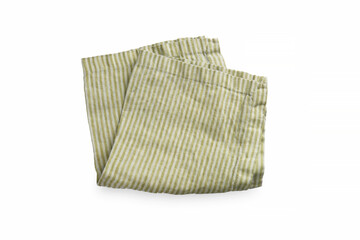 Fototapeta premium One striped pure raw cotton napkin linen organic serving or kitchen towelette or towel square form folded. Rough texturized cloth fabric isolated on white background. Table setting tissue top view