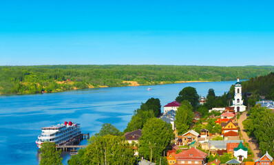 Ples, Russia. View from Cathedral Mountain on a cute country town. Small city on the Volga River,...