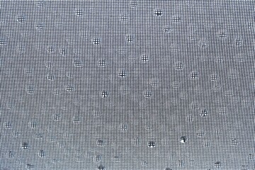 Blurred many droplets on grid net wall surface in rainy day